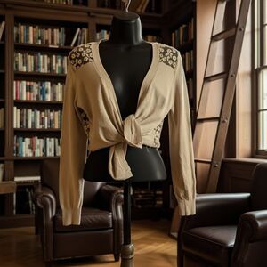 Iris Embroidered open front cardigan Neutral Tan Tie Front Soft Girl Sz Medium